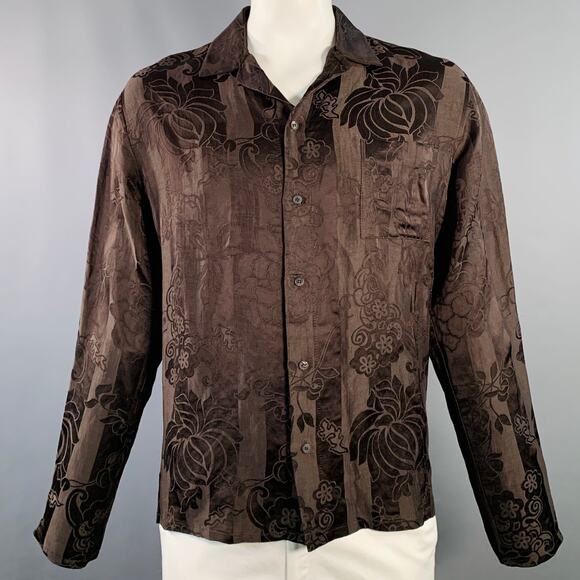 HAIDER ACKERMANN Size L Brown Jacquard Linen Silk One Pocket Long Sleeve Shirt - Picture 1 of 7